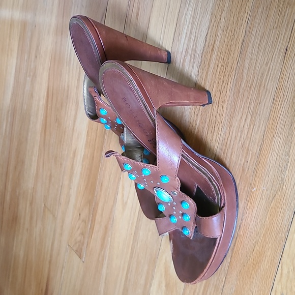 Brown Leather Turquoise Sandals Heels 10 - Picture 2 of 2